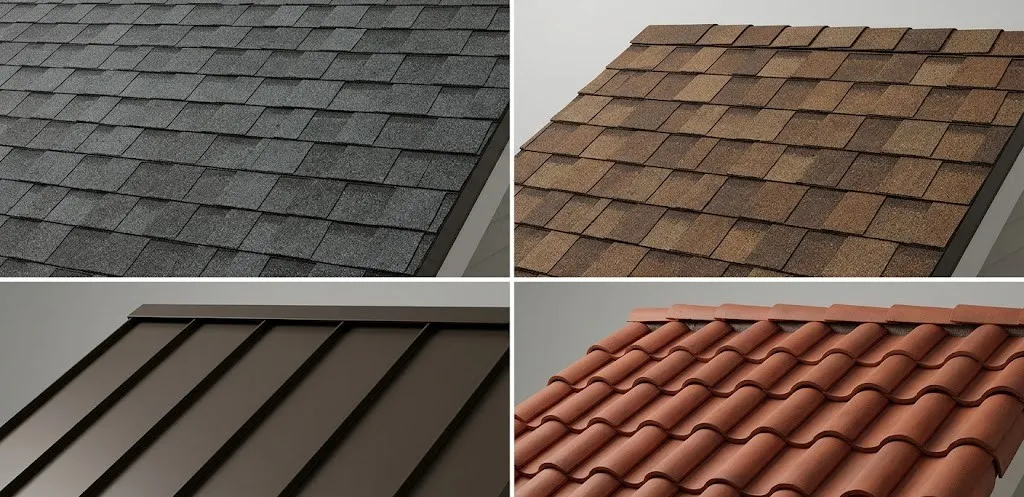 classic 3-tab asphalt shingles (top-left), multi-dimensional architectural shingles (top-right), durable standing-seam metal roofing (bottom-left), and traditional concrete/clay tiles (bottom-right).